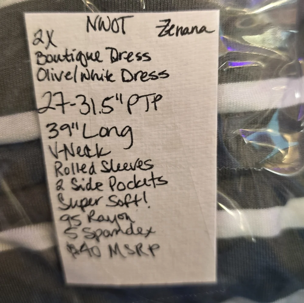 2X NEW Boutique ZENANA Olive/Wht Striped Dress VNeck 27-31.5"Ptp 39"Long 2 Pckts - Picture 5 of 11